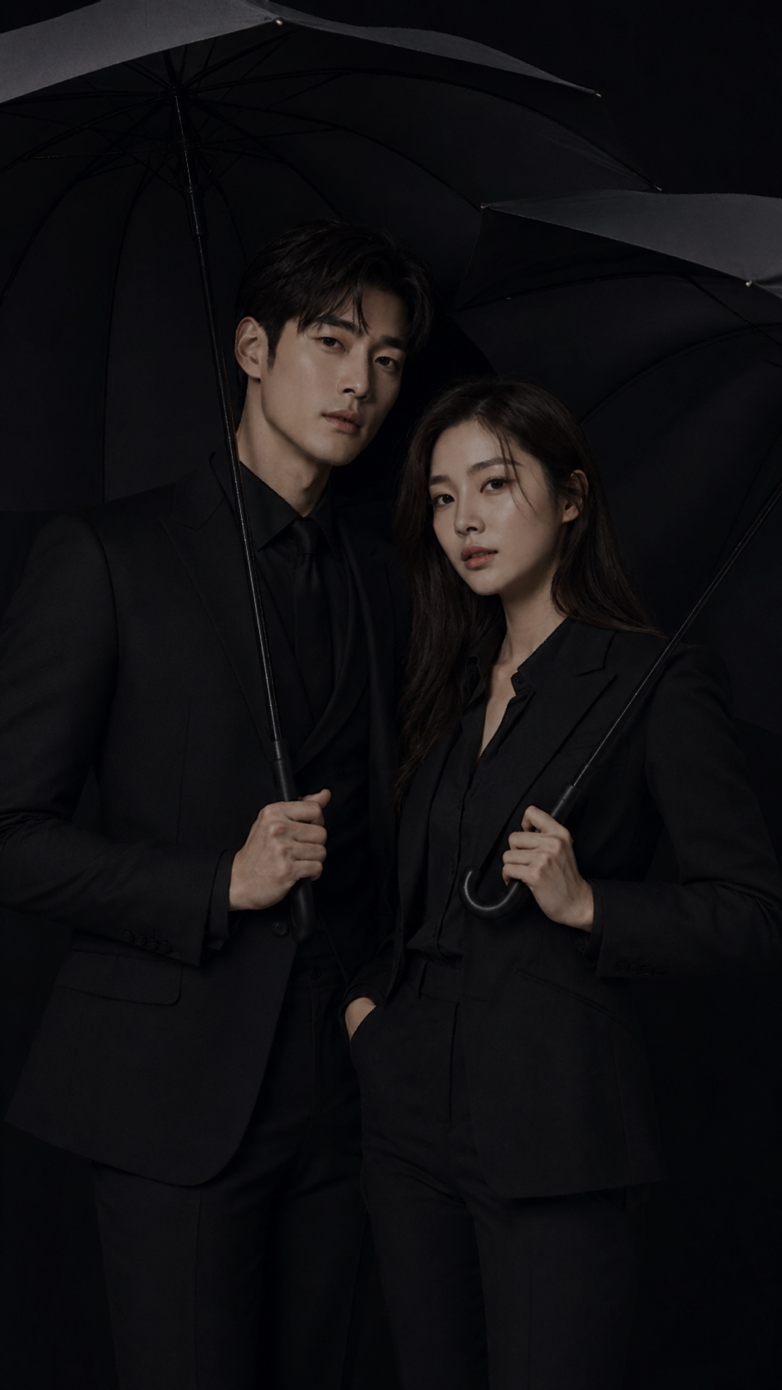 검은 상복 차림으로 검은 우산을 든 남녀